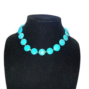 Turquoise Earth Stone Flat Bead Necklace Native Fashion Jewel Silver Ornat Clasp